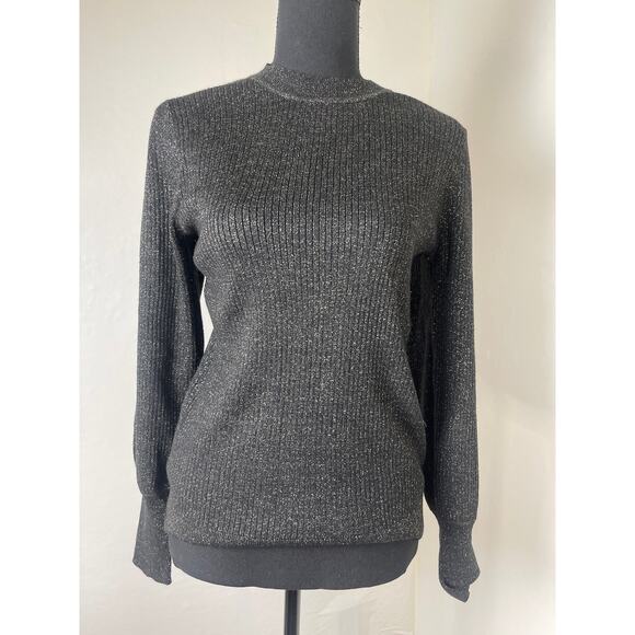 Loft Women's Cable Knit Metallic Chic Preppy Casual Soft Sweater Black Silver M - Picture 1 of 9